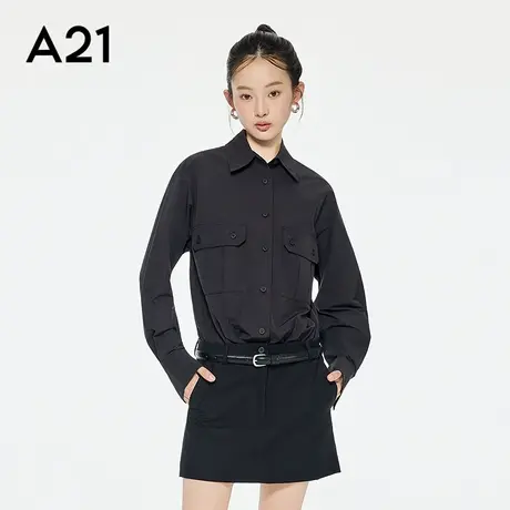 A21女装黑色拼接假两件连衣裙2025秋季新款简约长袖翻领A字衬衫裙图片