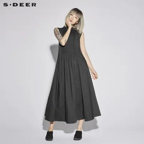 sdeer 圣迪奥 女装素黑复古风琴褶拼接A版连衣裙S18281276图片