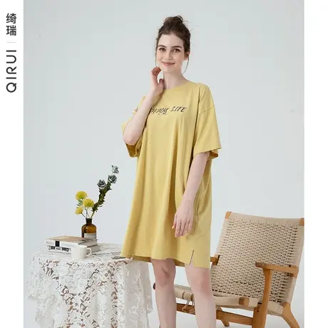 绮瑞睡裙女夏纯棉短袖薄款睡衣夏天全棉中长款连衣裙宽松大码裙子图片