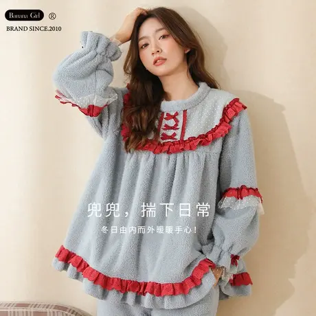Bananagirl睡衣女士冬季新款圆领珊瑚绒加厚甜美少女套装家居服女图片