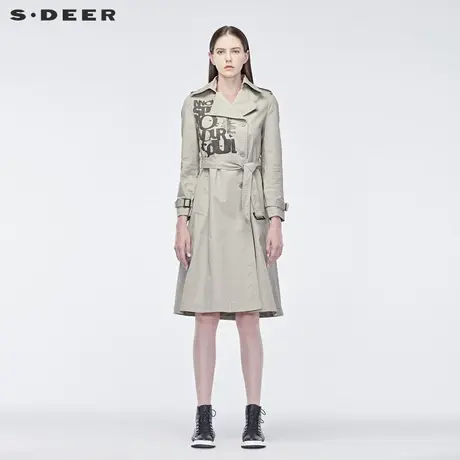 sdeer圣迪奥春女休闲翻领字母涂鸦收腰长款风衣外套S19181823图片