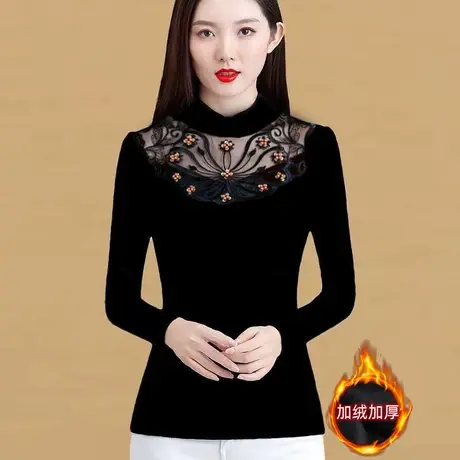 2023秋冬新款时尚小衫蕾丝打底衫女装洋气长袖纱衣加绒加厚上衣潮商品大图