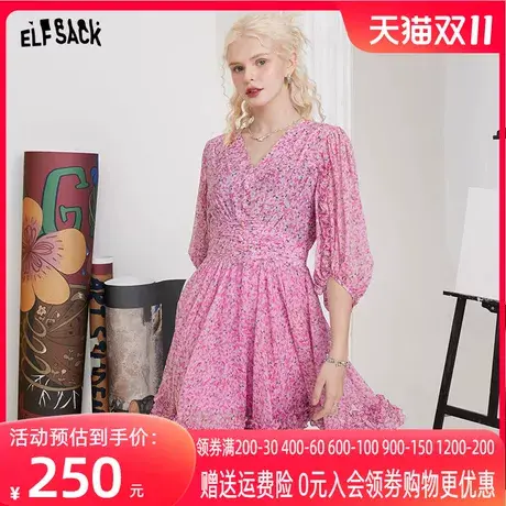 妖精的口袋雪纺碎花连衣裙女2023夏新款v领泡泡袖收腰a字显瘦裙子图片