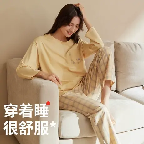 秋鹿柔软透气睡衣女款春秋季纯棉圆领长袖长裤宽松全棉家居服套装图片