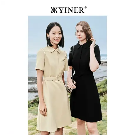 YINER音儿专选女装夏季钉珠通勤POLO领A字简约风衬衫连衣裙图片