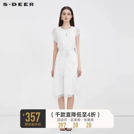 sdeer圣迪奥小众设计连衣裙女条纹网纱收腰长裙S223Z123V图片