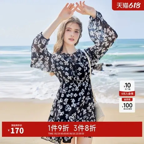 秋水伊人复古优雅碎花连衣裙2024年秋季新款木耳边立领长袖雪纺裙图片