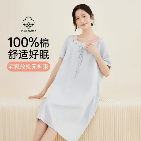顶瓜瓜纯棉蝴蝶结系带睡裙顶呱呱套头方领蕾丝花边女士短袖睡裙图片