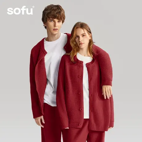 sofu红色半边绒家居服女春秋加绒加厚情侣开衫新婚本命年睡衣套装图片