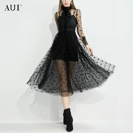 AUI黑色小众立领网纱连衣裙女秋2023新款气质女神范显瘦百褶长裙图片