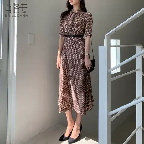 百洛安气质印花连衣裙夏季新款高腰显瘦荷叶边a字裙中长款裙子女图片