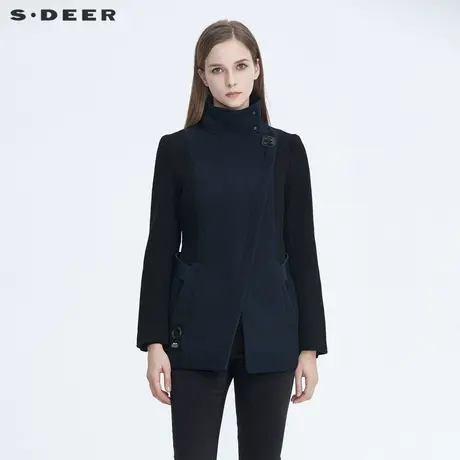 sdeer圣迪奥冬季时尚立领撞色拼接长袖短款毛呢外套女S194A2226图片