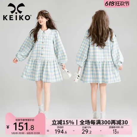 KEIKO [蕾丝花领] 温柔蓝格子连衣裙25春季法式荷叶边宽松A字短裙图片
