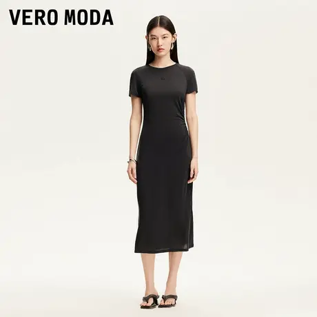 Vero Moda连衣裙2025夏季新款不对称捏褶设计字母刺绣短袖T恤裙子图片