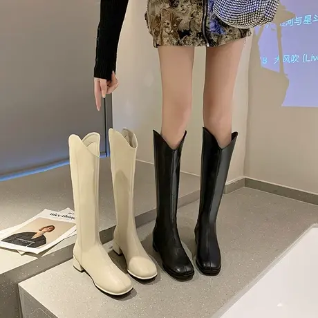 永希西部牛仔靴女夏季2023年新款超火大码复古粗跟法式不过膝长靴商品大图