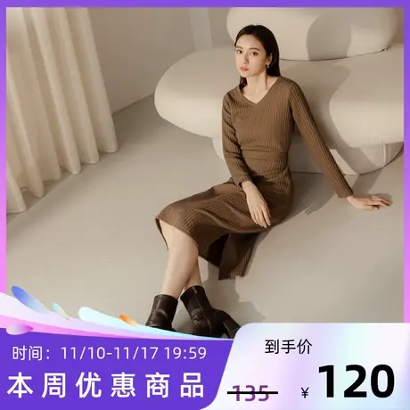 桔熊秋冬复古搭大衣的裙子下摆开衩坑条中长款连衣裙女大码DA3048图片