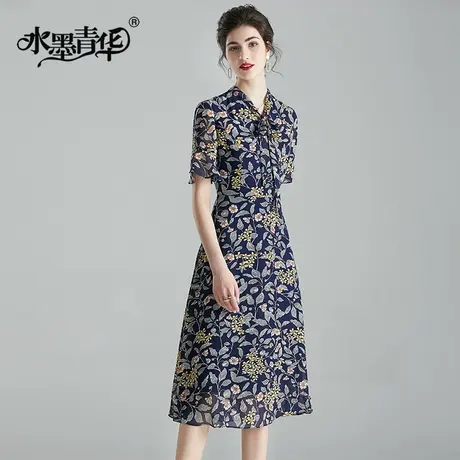 【1件7.9折】夏装新品短袖女装时尚印花裙修身中长款雪纺连衣裙图片