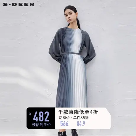 sdeer圣迪奥女装圆领渐变风琴褶收腰雪纺连衣裙S23381204图片