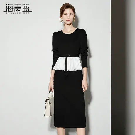 海青蓝 秋连衣裙女2025新款撞色洋气女装长袖时尚气质中长款裙子图片