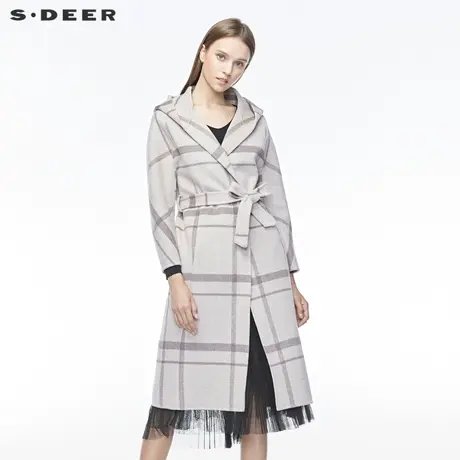 sdeer圣迪奥冬季开襟英伦格纹收腰插袋连帽长款风衣女S19481830图片