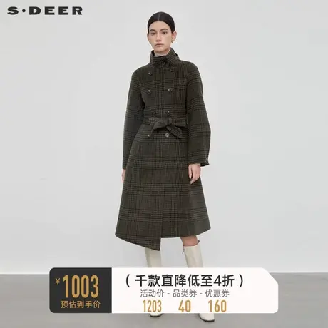sdeer圣迪奥女装老钱风立领高级感格纹收腰毛呢长款大衣S23462504图片