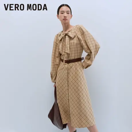 Vero Moda奥莱连衣裙春秋新款气质格纹蝴蝶结长袖衬衫裙子流行图片