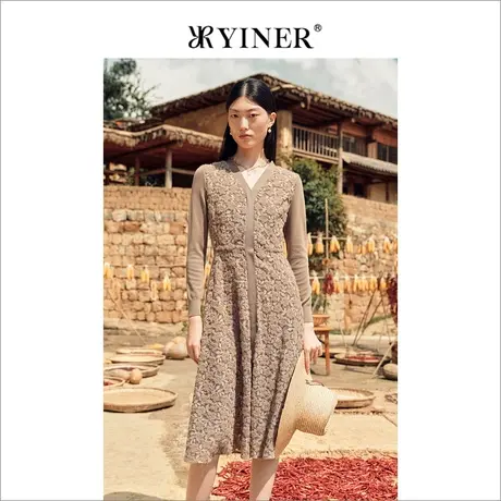 YINER音儿专柜女装2022冬季新款v领针织拼接羊毛连衣裙图片