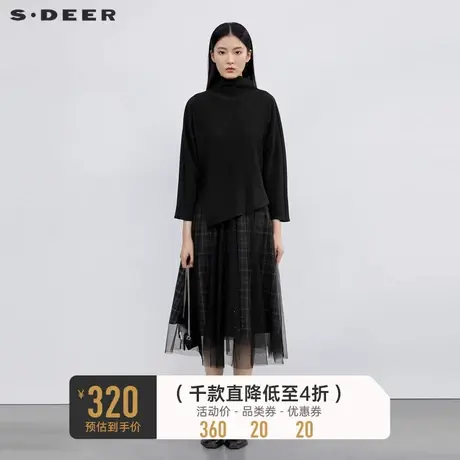sdeer圣迪奥女装老钱风肌理收腰网纱格纹两件套连衣裙S223Z1433图片