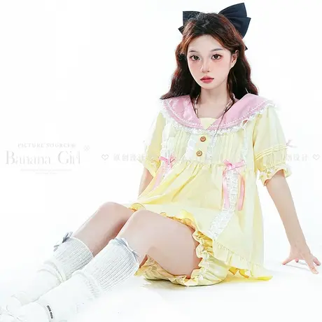 Bananagirl睡衣女士夏天薄款短袖宽松少女公主风家居服两件套新款图片