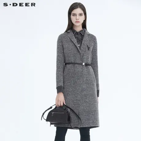 sdeer圣迪奥女装时尚牛仔拼接收腰假两件长款毛呢大衣S20481802图片