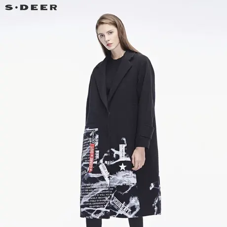 sdeer圣迪奥抽象图案撞色英文字母飘带点缀平驳领大衣女S18481804商品大图