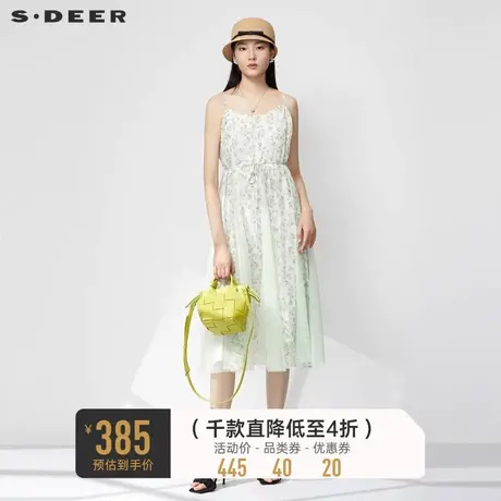 sdeer圣迪奥女装清新印花收腰网纱吊带连衣裙S232Z12Y1图片