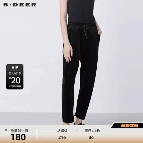 sdeer圣迪奥女装抽绳松紧压褶灯芯绒黑色长裤S21480813商品大图
