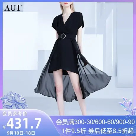 AUI黑色法式短袖雪纺连衣裙女2023夏新款不规则设计感小众收腰裙图片