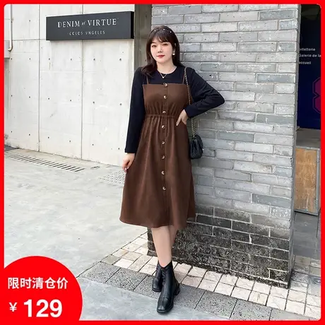 2021秋冬新款拼接撞色假两件绑带收腰胖MM连衣裙显瘦气质大码女装图片