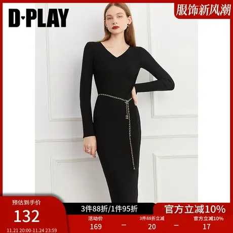 DPLAY【惠品】春装季新品通勤ol经典黑色V领修身螺纹针织连衣裙图片