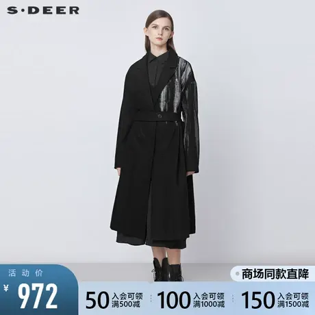 sdeer圣迪奥2021冬新款西装领撞色印花收腰长款毛呢大衣S21481822图片