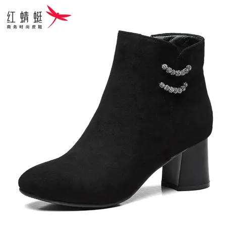 红蜻蜓女鞋高跟短靴秋冬新款尖头粗跟加绒保暖舒适透气防滑职场靴图片