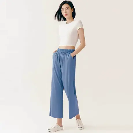 三枪女夏凉感薄松紧高腰显瘦直筒裤牛仔九分垂感宽松家居裤61386图片