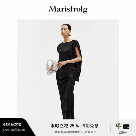 【新能量黑裙】玛丝菲尔夏光耀黑三醋纤抽褶开衩半裙女图片
