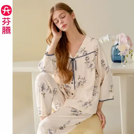 芬腾睡衣女春季纯棉V领开衫中袖新款休闲大码夏天女款家居服套装图片