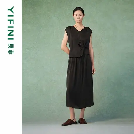[专柜同款]Yifini/易菲高级感假两件立体裁剪凉感拼接无袖连衣裙图片