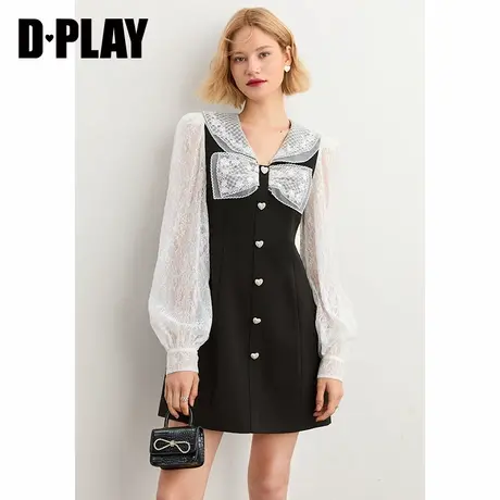 DPLAY早秋新款轻奢复古泡泡袖初恋裙蕾丝拼接黑色绝美连衣裙图片