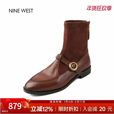 奥莱专供Nine West/玖熙法式粗跟弹力袜靴冬复古牛皮玛丽珍短靴女图片