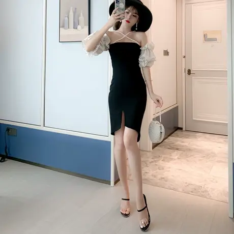 夏装黑色小心机性感连衣裙泡泡袖2023新款短款显瘦气质开叉一步裙图片