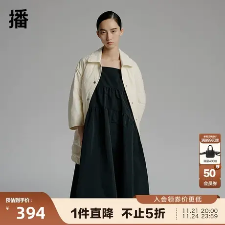 播秋季新款肩带可系抽褶拼接复古文艺背带连衣裙女BDPLD图片