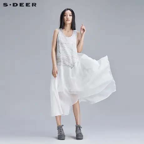 sdeer圣迪奥2018夏装水墨印花雪纺白色不规则无袖连衣裙S16281268图片
