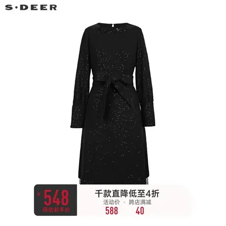 sdeer圣迪奥女装复古圆领收腰网纱毛呢连衣裙S234Z12G2图片