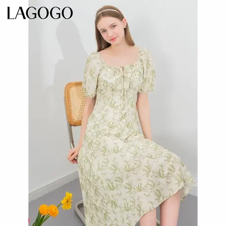 LAGOGO法式方领碎花高腰连衣裙女拉谷谷夏季新款田园风系带中长裙图片