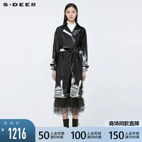 sdeer圣迪奥新款休闲翻领收腰双排扣字母水墨长款风衣女S21481845图片